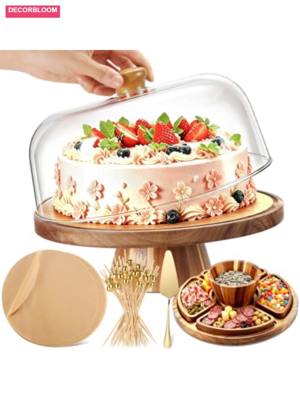 Acacia Wood Cake Stand with Acrylic Lid 12in Charcuterie Board